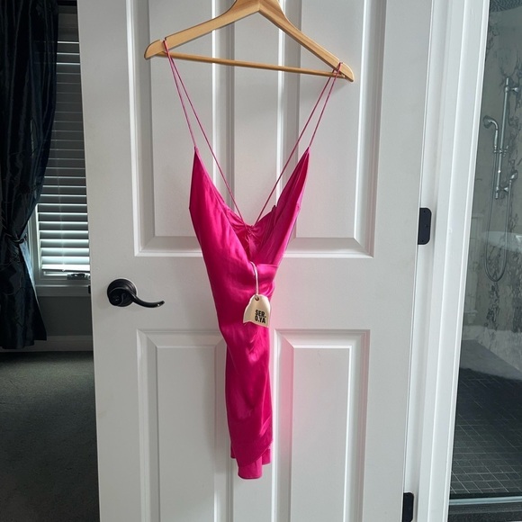NEW SER.O.YA LEAH SILK Spandex DRESS Fuchsia Purple {$350} Blend Halter Cross XS - Picture 4 of 13